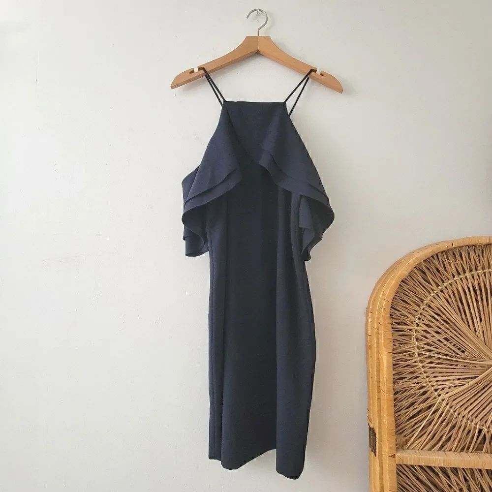 Tahari ASL Navy Blue Off Shoulder Ruffle Halter Dress XS